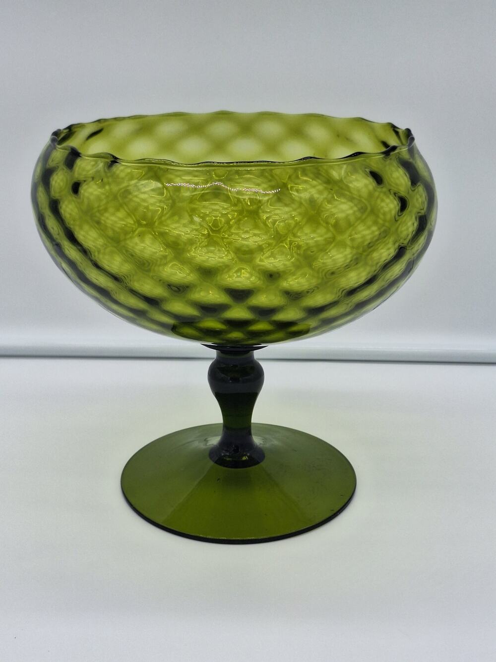 Vintage Avocado Green Empoli Pedestal Diamond Optic Glass Compote.